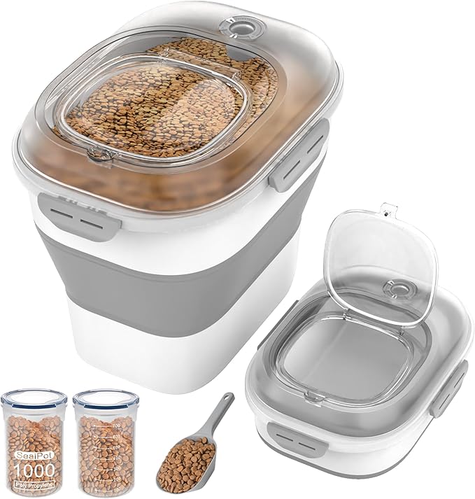 28-30 Lbs Airtight Dog Food Storage Container,Collapsible Dog Food Container with Airtight Lid,Wheels, Date Track,Large Pet Food Storage Container for Rice,Flour,Dog Food Scoop,2PCS Containers