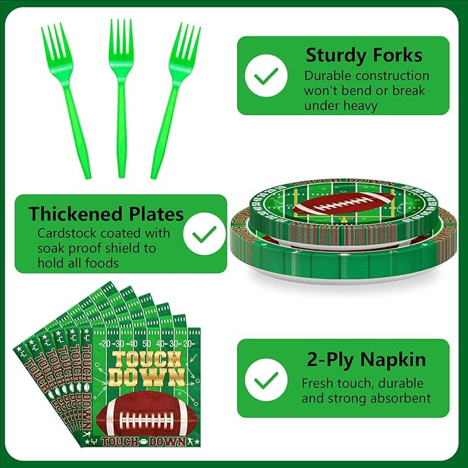 96PCS Football Party Decorations Tailgate Tableware Set Touchdown Theme Paper Plates Football Sports Game Plates Napkins Dinnerware for Touchdown Gameday Party Supplies, Serves 24