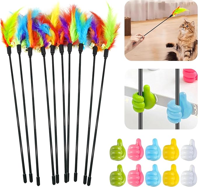 10Pcs Interactive Cat Toys Feather Toys Cat Toys Wand with 10Pcs Cat Teaser Stick Storage Holder for Indoor Cats to Chase and Exercise