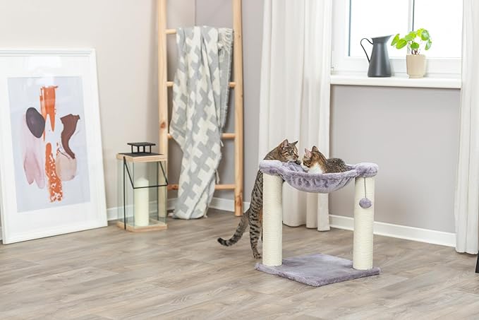 TRIXIE Baza 20-in Cat Scratching Posts, Durable Jute Cat Scratcher with Plush Hammock and Dangling Cat Toy, Gray