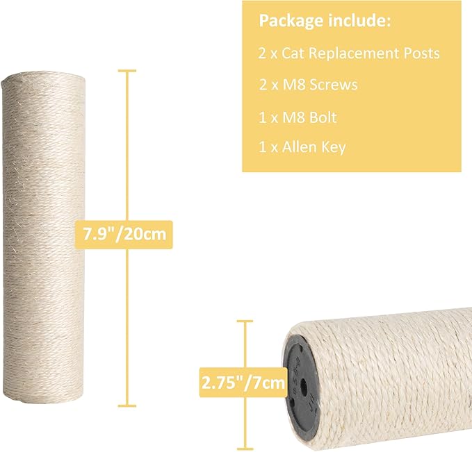 Dimaka Cat Scratching Post Replacement Pole, Cardboard and Sisal (Beige-2 Posts, 7.9 in / 20 cm)