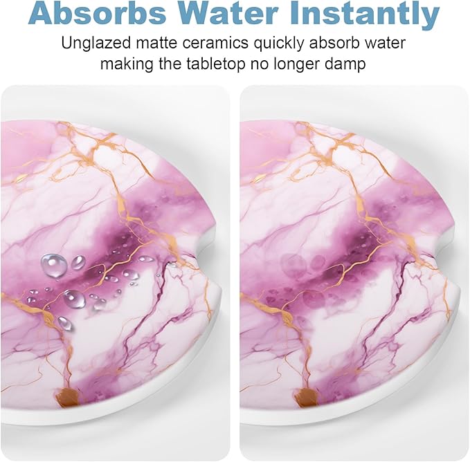 2 Pack Car Cup Holder Coaster, 2.63 inch Anti Slip Insert Absorbent Ceramic Car Coaster with Cork Base and Finger Notch, Cute Car Accessories Interior for Women, Cute Car Coasters., CH0025