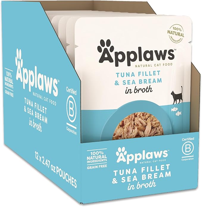 Applaws Natural Wet Cat Food in Broth, Limited Ingredient Wet Cat Food Pouches, No Additives, Made with Natural Ingredients, Tuna Seabream in Broth (12 x 2.47oz Pouches)
