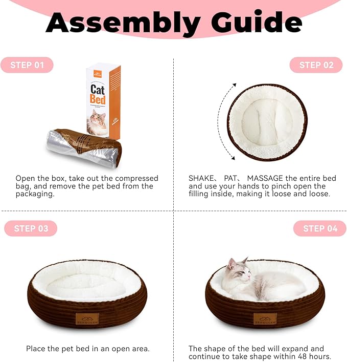 20in Washable Cat Beds for Indoor Cats - Round Donut Pet Bed for Cats, Small Dogs, Puppy, Kitten - Anti-Slip Bottom, Calming Bed Gift - Brown