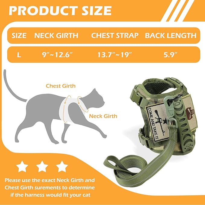 Tactical Cat Harness and Leash Set for Walking Escape Proof, Adjustable Large Cat Vest Harness with Molle Patches, Soft Mesh Padding, Rubber Handle Easy to Control