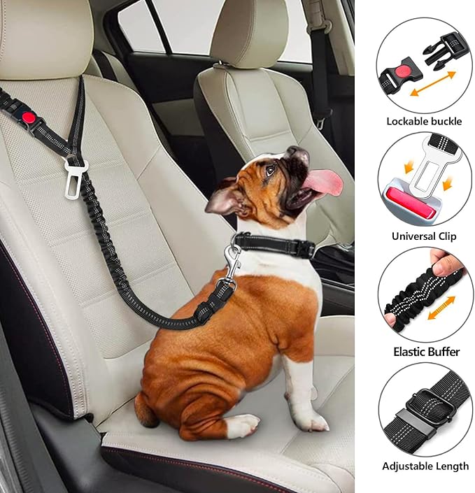 Removable Dog Seat Belt Harness for Car, 3 in 1 Pet Dog Car Seatbelt Leash, Retractable Restraint Secures to Vehicle Headrest & Adjustable Reflective Dog Seatbelt Tether