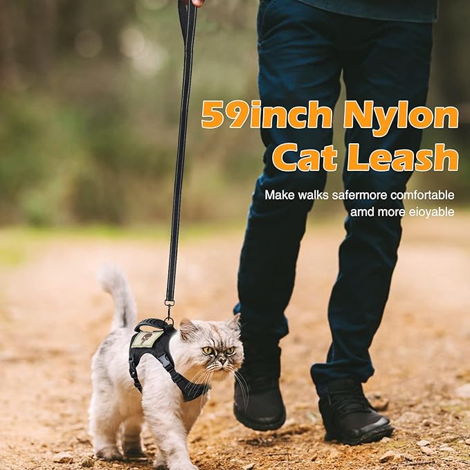 Tactical Cat Harness and Leash Set for Walking Escape Proof, Adjustable Large Cat Vest Harness with Molle Patches, Soft Mesh Padding, Rubber Handle Easy to Control Black