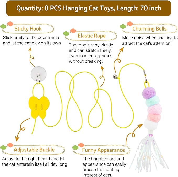 8 PCS Cat Feather Toys Cat Toys Hanging, Interactive Hanging Cat Toy Door Cat Teaser Retractable Door Frame Cat Hunting Toy, Cat Mouse Toy Hanging String Toys for Indoor Kitten Self Play Exercise