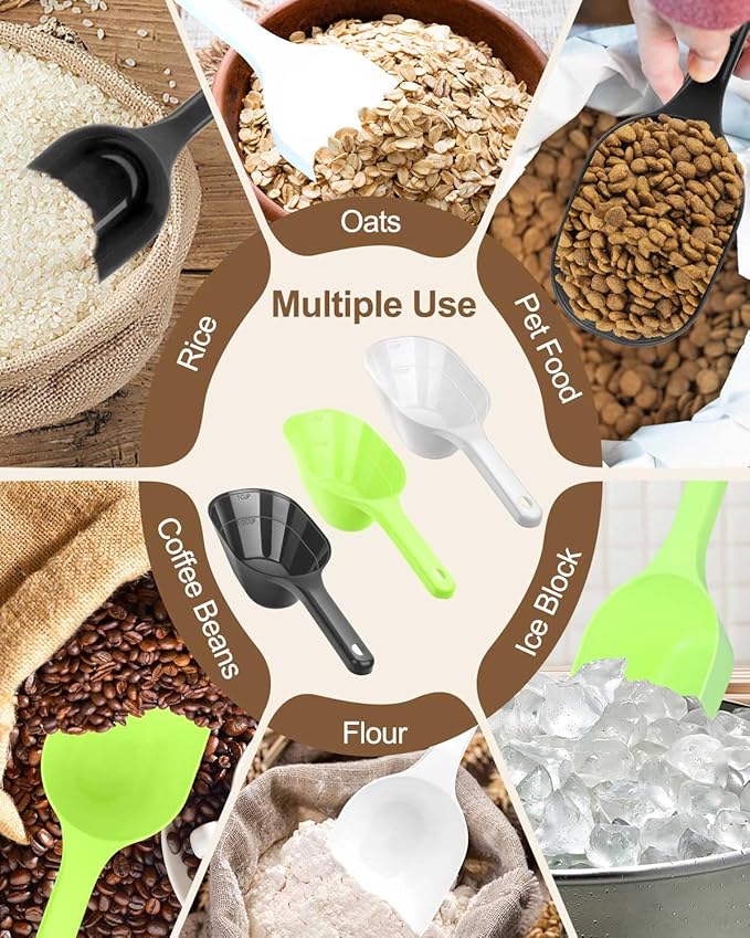 3PCS Dog Food Scoop, 1 Cup Plastic Pet Food Scoop with Measuring Lines 1/2 Cup and 1 Cup for Dogs, Cats, Birds and Rabbits (Green,Black and White)