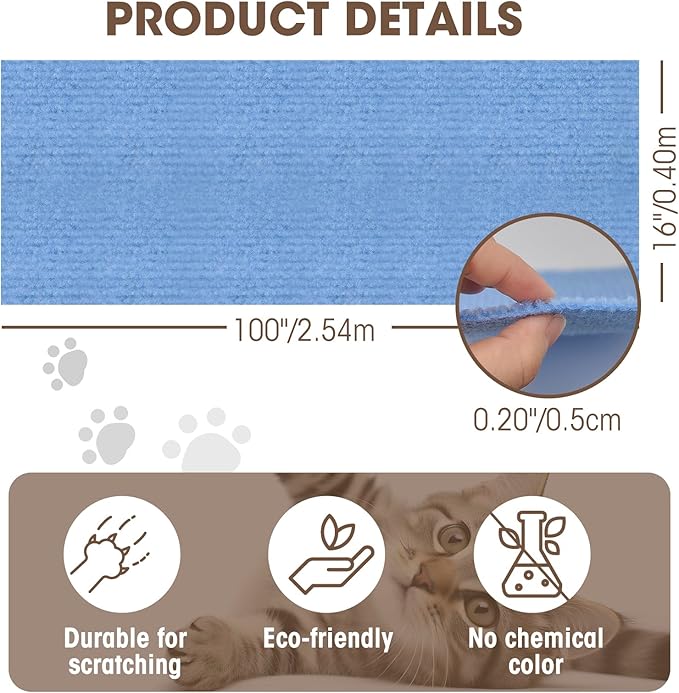Cat Scratching Mat, 100"x16" Self-Adhesive Carpet Mat Trimmable Replacement for Cat Tree, Cat Wall Shelves, Cat Scratching Post, TanoFalo DIY Couch Furniture Protector (Light Blue)