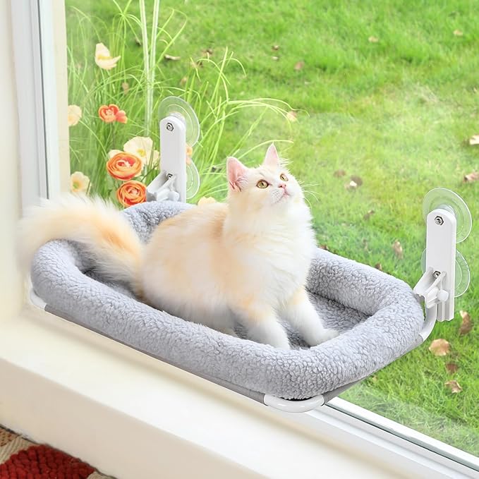 Foldable Cat Hammock for Window - Cordless, Embeded Machine Washable Bed, Robust Metal Frame - Cat Window Perch for Large Cats and Kittens (Gray Bolster Bed, Large)