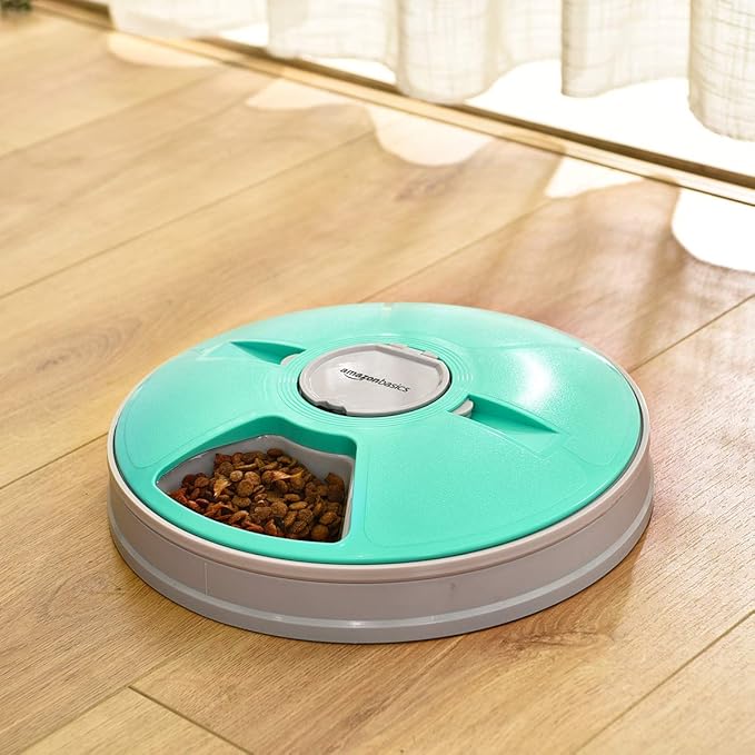 Amazon Basics Automatic Pet Feeder, Electronic Timed Dog and Cat Food Dispenser, 6 Portions, Plastic, Teal, 12" X 12" X 2.3"