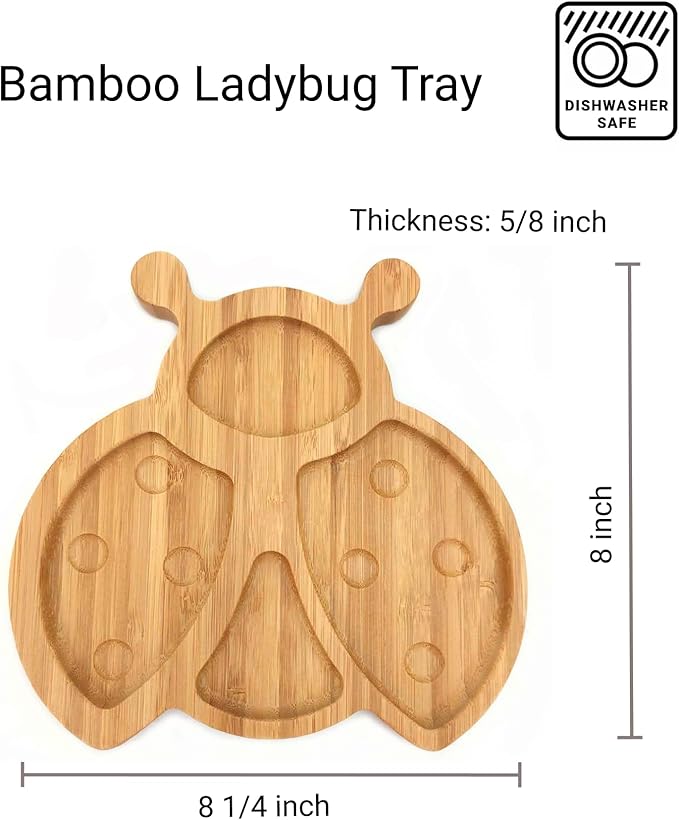 4916, Bamboo Food Plate for Snacks Appetizer Fruit Vegetable | Children Meal Plate | Picnic Kitchen Party | Eco-Friendly Plates, Ladybug Shaped, 8"x8.25", 2 Pack
