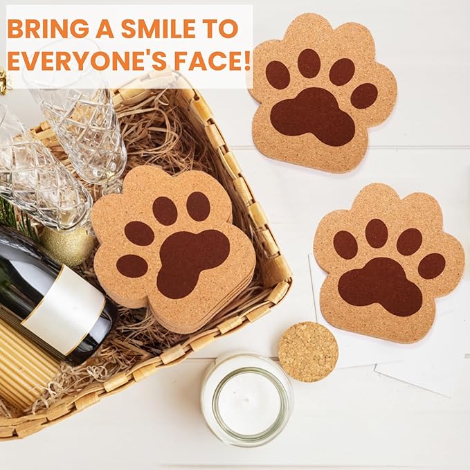 12 Pack Cork Coasters for Drinks, 4.7" Absorbent Cup Mat Set, Heat Resistant Kitchen Coasters, Reusable Cat Paw Shape Table Protection Trivet for Glasses Mugs, Room Decor, Housewarming Gifts