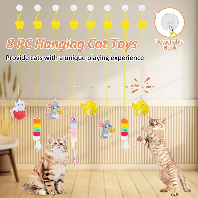 8PC Interactive Cat Toy Cat Feather Toy, Hanging Cat Toy Cat Door Toy Retractable Cat Teaser Hunting Toy, Door Hanging Kitten Mouse Toy Door Frame Hanger for Indoor Cat Mental Physical Play