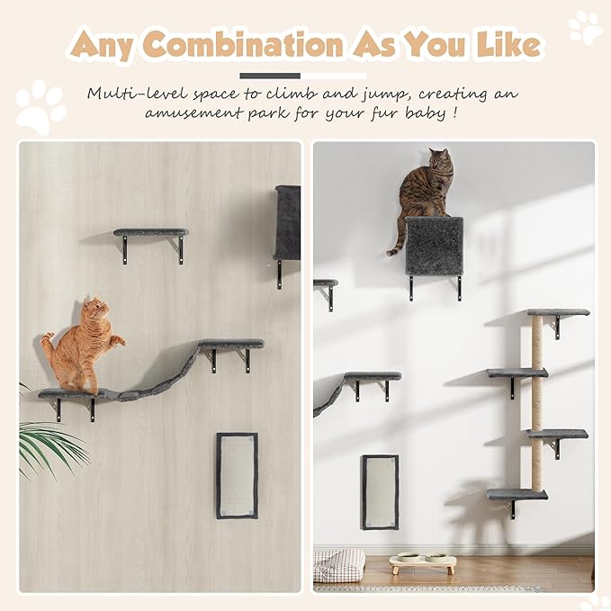 COZIWOW Cat Wall Shelves, Wall-Mounted Cat Climber Set of 5, Floating Cat Perches, Hanging Cat Beds, Modern Cat Furniture for Large Cats or Kitty (Grey)