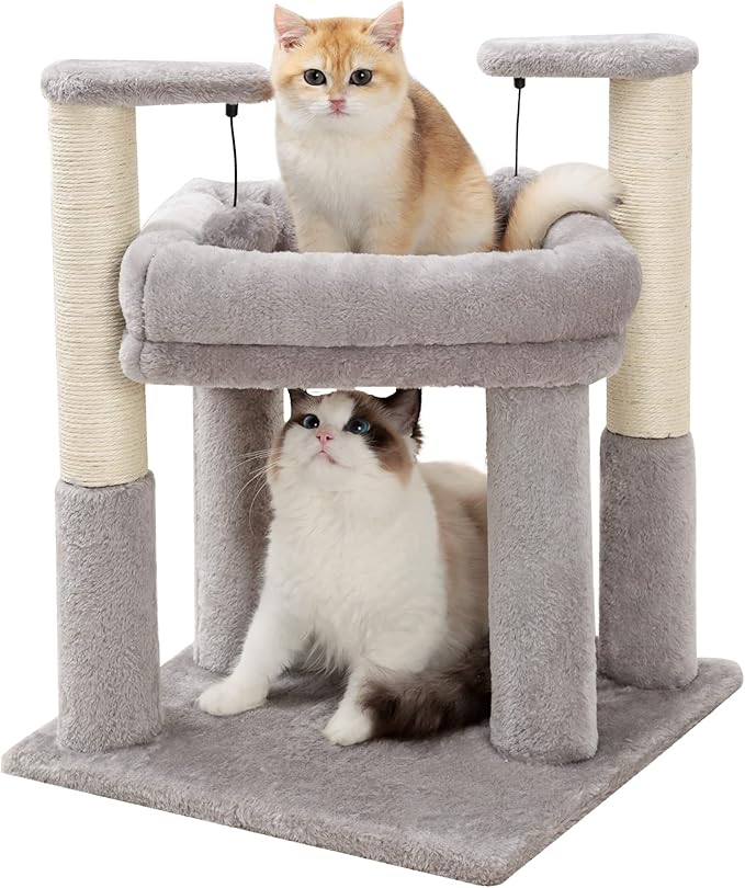Made4Pets Cat Tree for Indoor Cats, Cat Tower with 2 Natural Sisal Scratching Post for Kitten, Kitty Cat Bed with Pom-pom Dangling Balls, Grey, DIY