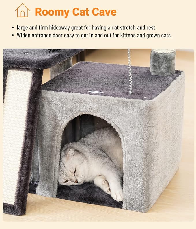 Happi N Pets Cat Tree Tower for Indoor Cats, Multi-Level Cat Tree with Scratching Posts & Pads, Cozy Cat Perch, Cat Self Groomer and Interactive Toys, Featuring with Large Cat Cave, Smokey Gray