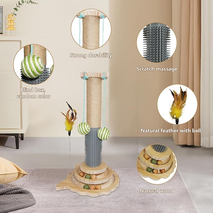 Cat Scratching Post, 6 in 1 Cat Scratcher for Indoor Cat, 18.11" Tall Cat Climbing Pole with Removable Cat Teaser, Interactive Cat Toy with Two Sisal Balls, Natural Sisal, Wood Base