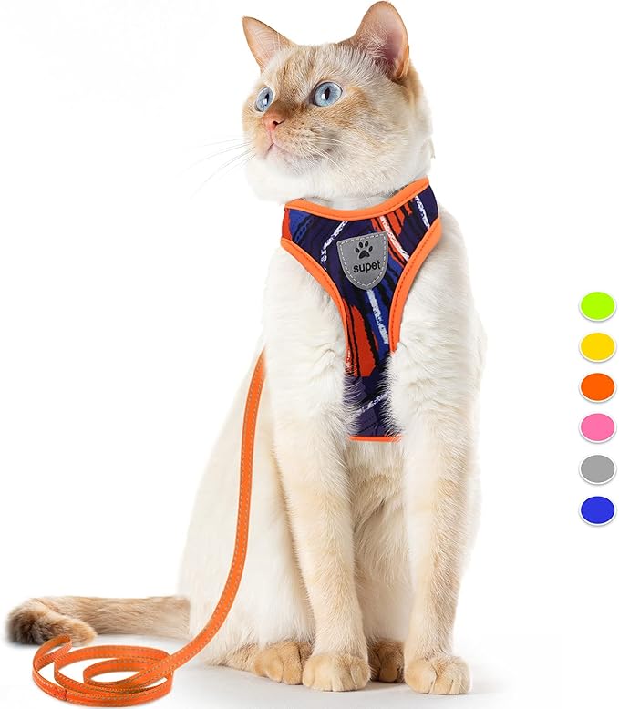 Supet Cat Harness and Leash Escape Proof, Adjustable Cat Vest Harness and Leash Set for Walking, Pet Harness with Reflective Trim for Cats Kittens S（Chest:9.6-15.7''