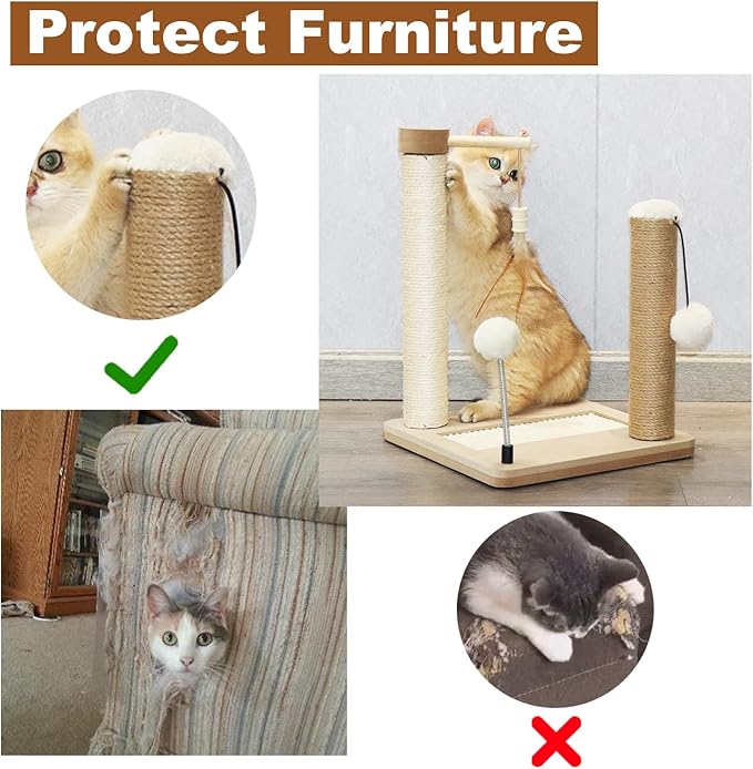 PAWSFANS Small Cat Scratching Post Toys,Sisal Jute 2 Scratch Posts for Kittens and Cats,Hanging Ball with Feather Spring Ball 16inches Beige