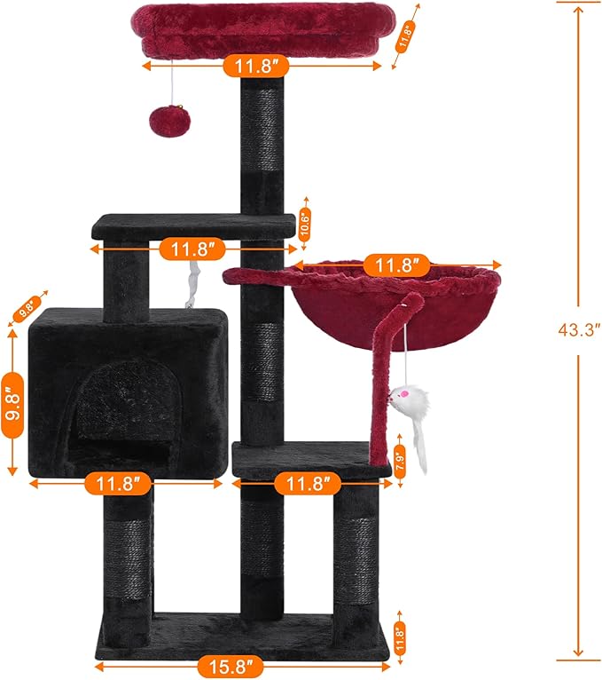 Heybly Cat Tree with Toy, Cat Tower condo for Indoor Cats, Cat House with Padded Plush Perch, Cozy Hammock and Sisal Scratching Posts, Black and Red HCT004SBR