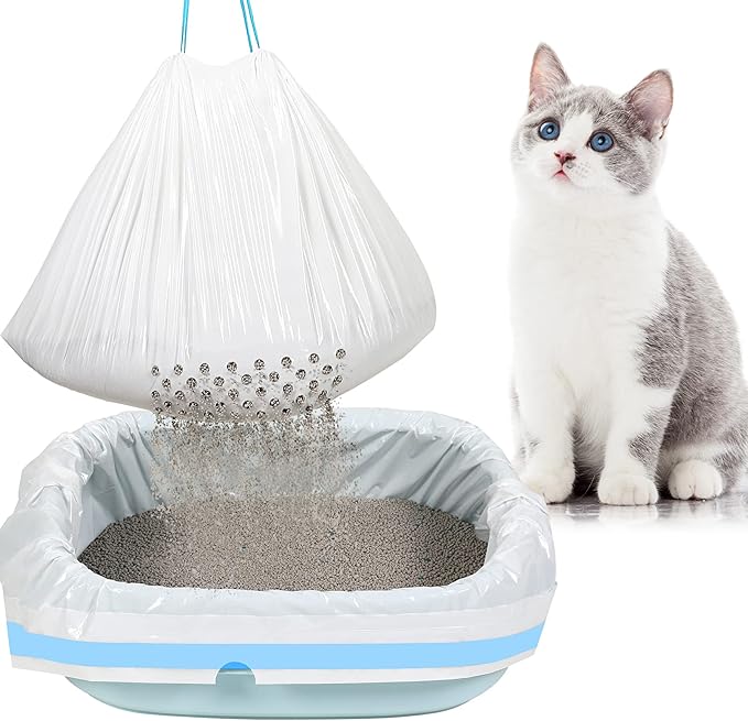 84 Count Large Sifting Cat Litter Bags 31 x 18 Inch Cat Litter Box Liners with Holes Drawstring Litter Box Liners Disposable Thick Scratch Resistant Cat Litter Bags for Pet Cat Litter Box