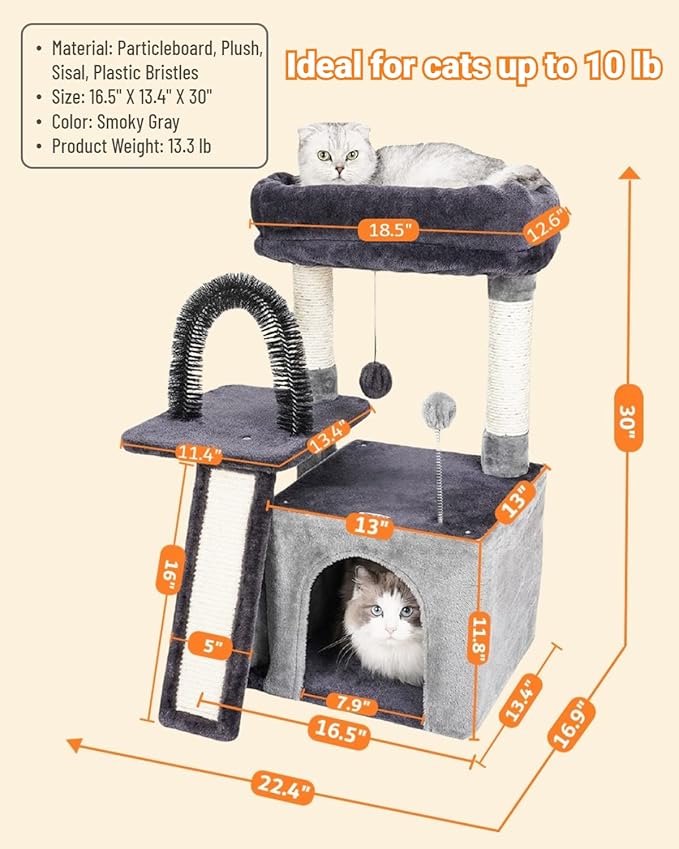 Happi N Pets Cat Tree Tower for Indoor Cats, Multi-Level Cat Tree with Scratching Posts & Pads, Cozy Cat Perch, Cat Self Groomer and Interactive Toys, Featuring with Large Cat Cave, Smokey Gray