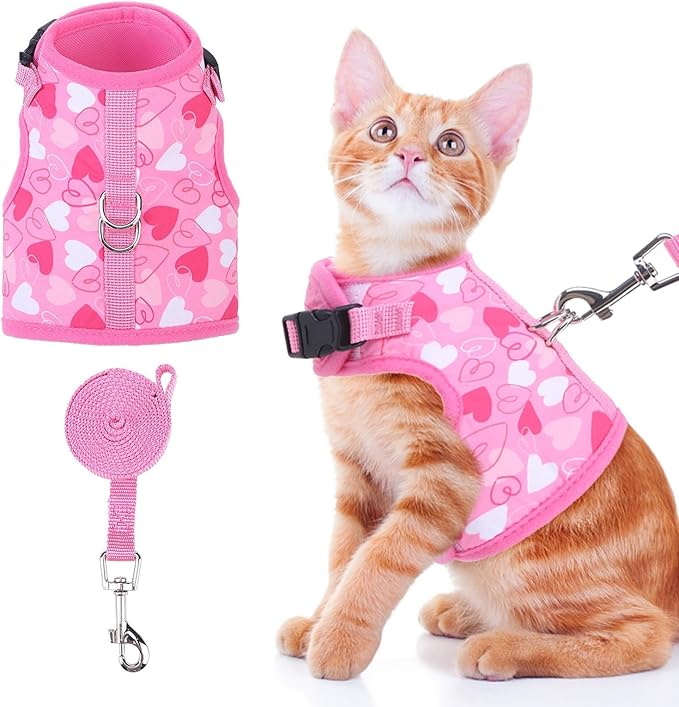 BINGPET Cat Harness and Leash Set Escape Proof for Walking,Step-in Harness with Lightweight Soft Breathable Mesh,Adjustable Easy Control Harness for Kitten Puppy Small Medium Large Cats(Heart,L)