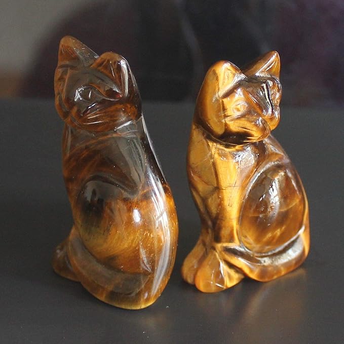 2‘’ Hand Carved Mixed Gemstone Crystal cat Figurine Animal Carving (Golden Tiger Eye)