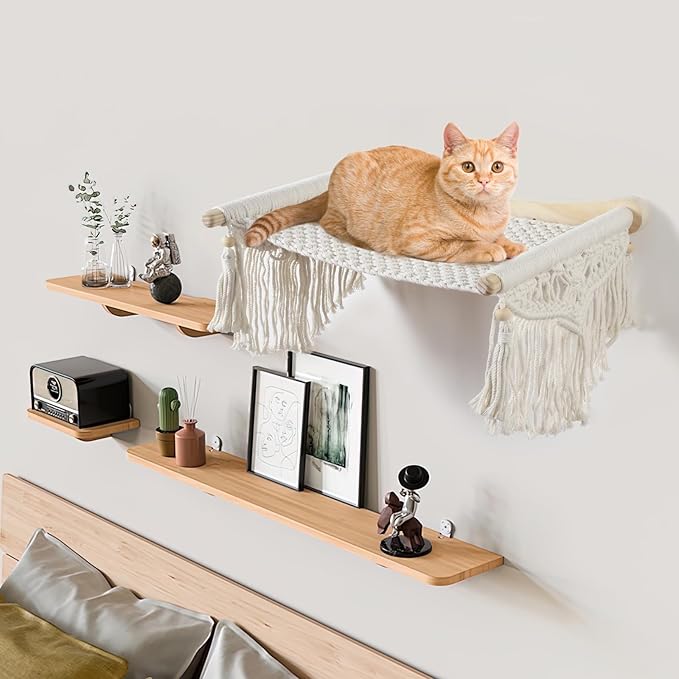 Cat Wall Shelves & Hammock - Comfy Cat Beds with Window Perch for Indoor Fun, Durable Wood & Macrame Cotton Ropes (21.6 * 11.8 Inches) for Sleeping & Climbing