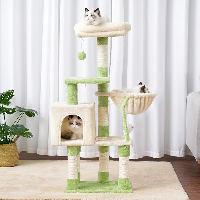 Heybly Cat Tree with Toy, Cat Tower condo for Indoor Cats, Cat House with Padded Plush Perch, Cozy Hammock and Sisal Scratching Posts, Green and Beige HCT004SGM