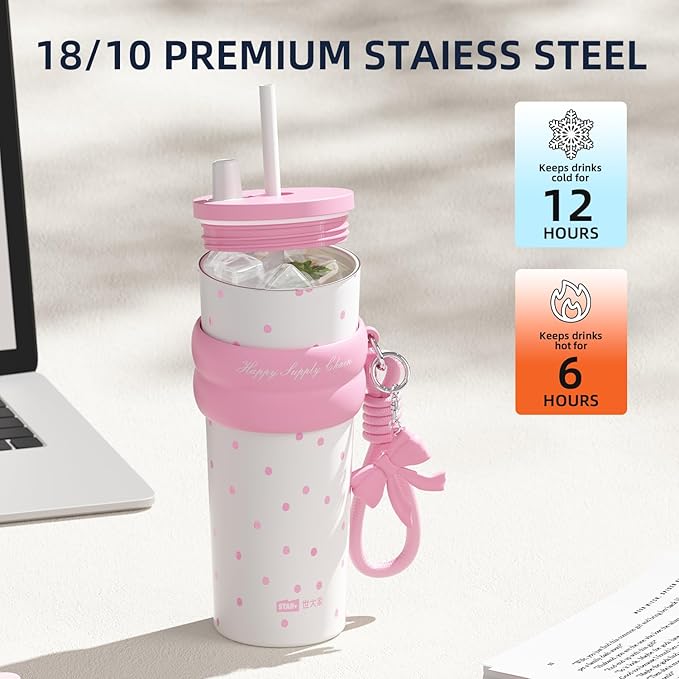 24 oz Cute Portable Iced Coffee Travel Tumbler with Straw For Women, Sidagar Water Bottle for Hot and Cold Coffee Mug, Reusable Portable Water Bottle, Metal Thermal Cup Leak Proof, Pink Dot