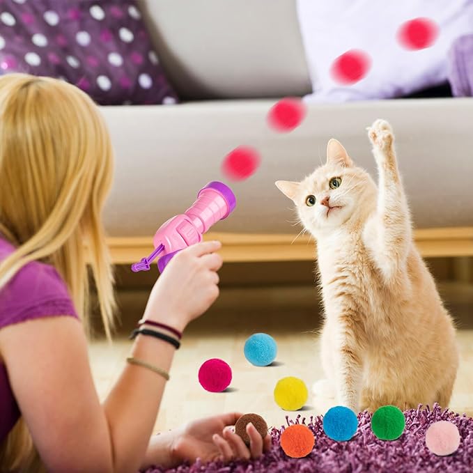 4 Pcs Cat Ball Launcher, Interactive Cat Toy with 100PCS Cat Pompom Balls, Cat Toy Ball Launcher Gun for Cats, Cat Toys Interactive for Training, Playing, Funny Game