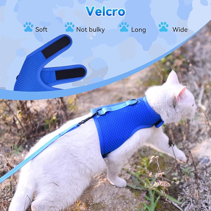 Cat Harness and Leash for Walking Escape Proof Breathable Mesh Fabric, Solid Blue, Extra Large, Adjustable Cat Walking Jackets, Padded Stylish Cat Vest