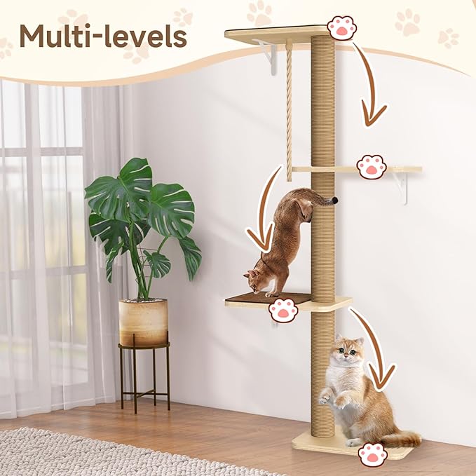 Cat Tree Wall Mounted 4 Tier at Climbing Wall Shelves with Scratcher Post for Indoor Cats Activity, Large Cat Wall Furniture with Cat Pads and Rope