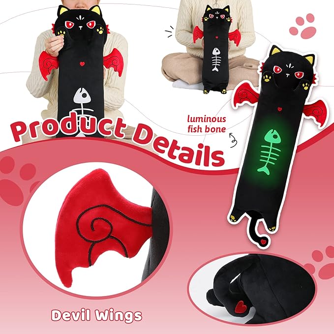AIXINI Long Cat Plush Pillow Luminous Light Up Black Cat Stuffed Animals, Soft Kawaii Kitten Plushies Pillow Toy for Kids (Luminous,27.5inch)
