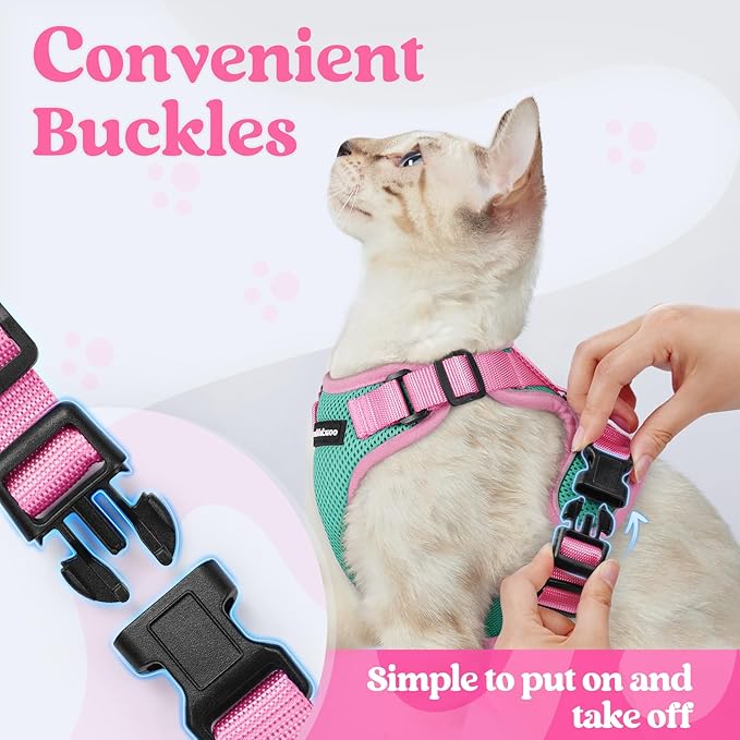 rabbitgoo Cat Harness and Leash Set, Escape Proof Soft Adjustable Vest Harnesses for Outdoor Walking, Easy Control Breathable Kitten Jacket with Reflective Strips, Green & Pink, M