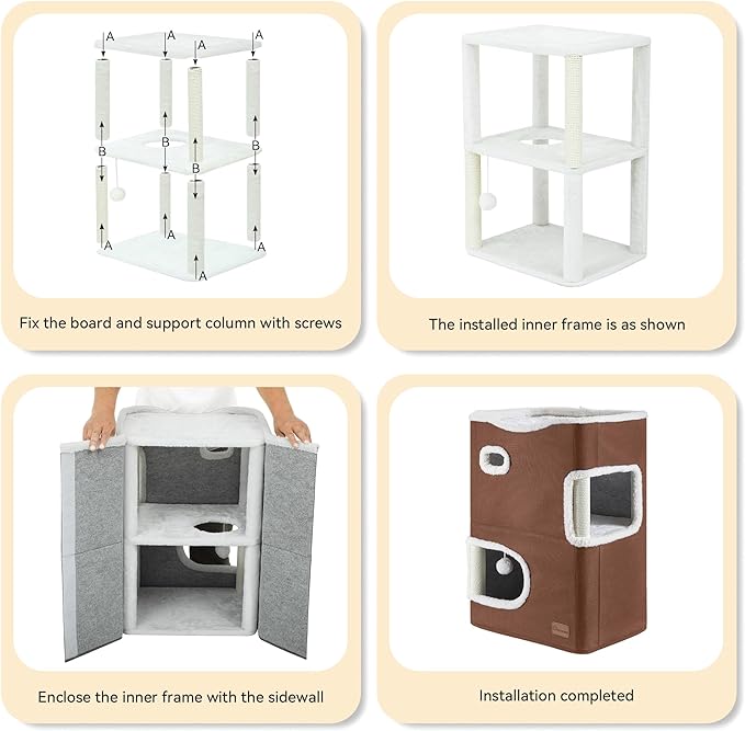 YIATHOME 2-Tier Cat House, Cat Beds for Indoor Cats, Small Cat Condo with Scratch Post and Hideaway Cave, Modern Cat Cube Playhouse for Multi Kittens, Brown