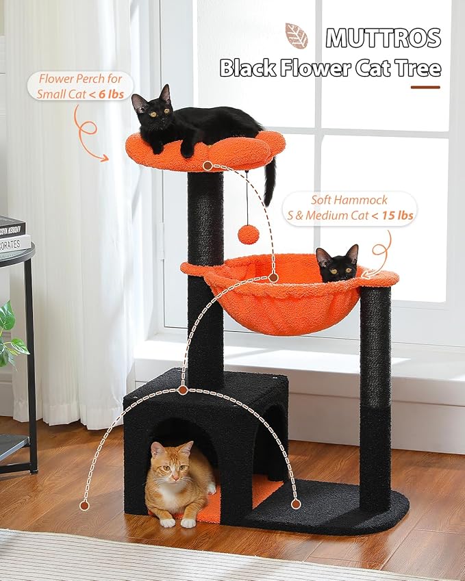 Halloween Cat Tree with Yellow Flower Perch - Black Scratching Posts, 35" Coffin Cat Tower with Large Hammock Cat Condo for Small Indoor Cats, Yellow Pumpkin Cat Bed for Kittens,Orange