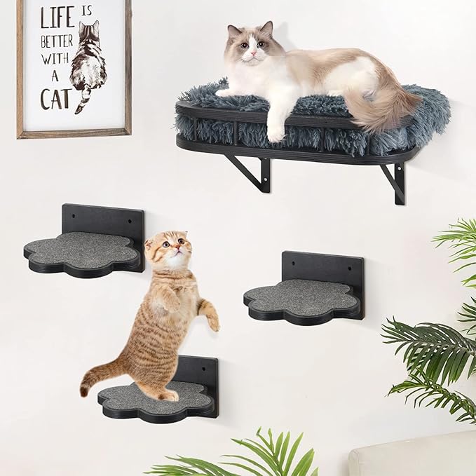 Cat Hammock Cat Wall Furniture with Cooling Mat and Plush Cushion and 3 Wall Steps, Wall Mounted Cat Shelves and Perches, Cat Climbing Shelf Cat Scratching Post for Sleeping, Playing, Gift for Cat