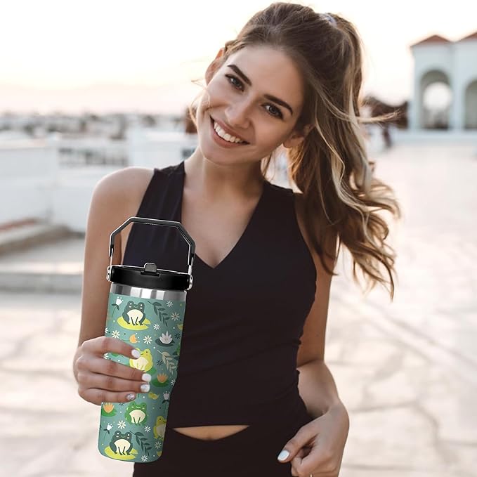 30 Oz Frog Tumbler with Handle and Straw, Frog Cup Insulated Frog Coffee Mug, Double Wall Stainless Steel Frog Mug, Leak Proof Frog Coffee Cup, Frog Gifts for Women and Frog Gifts for Frog Lovers