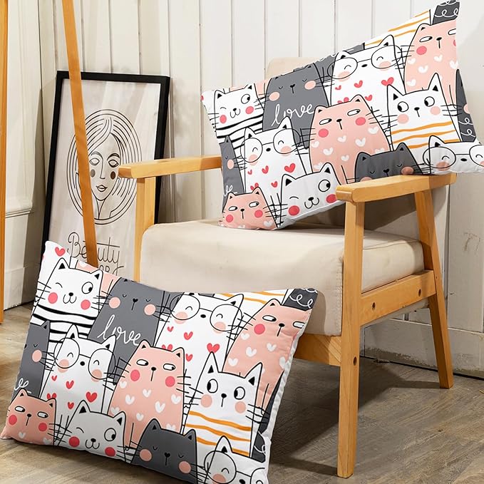 AILONEN Funny Cute Kitten Comforter Set - Twin Size, 3-Piece Hearts Cat Bedding with 2 Pillowcases, All Season