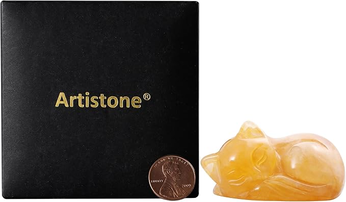 2" Sleeping Cat Statue Citrine Healing Crystals Hand Carved Cute Kitten Figurine, Worry Stone for Anxiety Relif Home Desk Decor Animal Figurine.