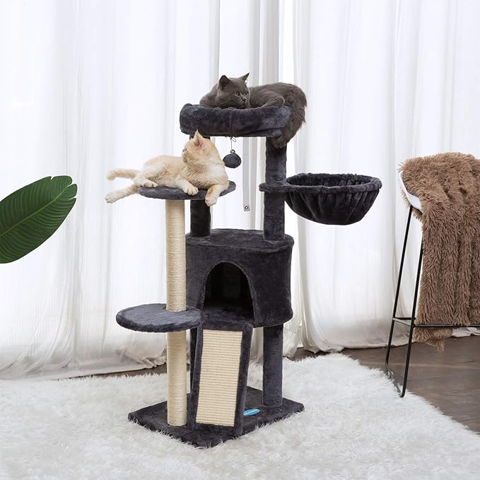 Hey-brother Cat Tree with Scratching Board, Cat Tower with Padded Plush Perch and Cozy Basket, Multi-Platform for Jump, Smoky Gray MPJ005G