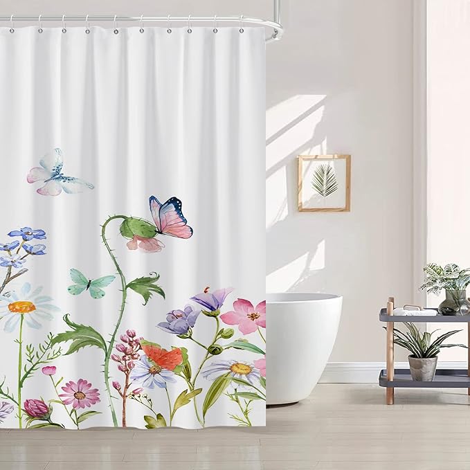 AWERT Butterfly Wildflowers Small Half Size Stall Shower Curtain with Hooks Shower Stall Curtain for Bathroom/RV and Camper 48 x 72