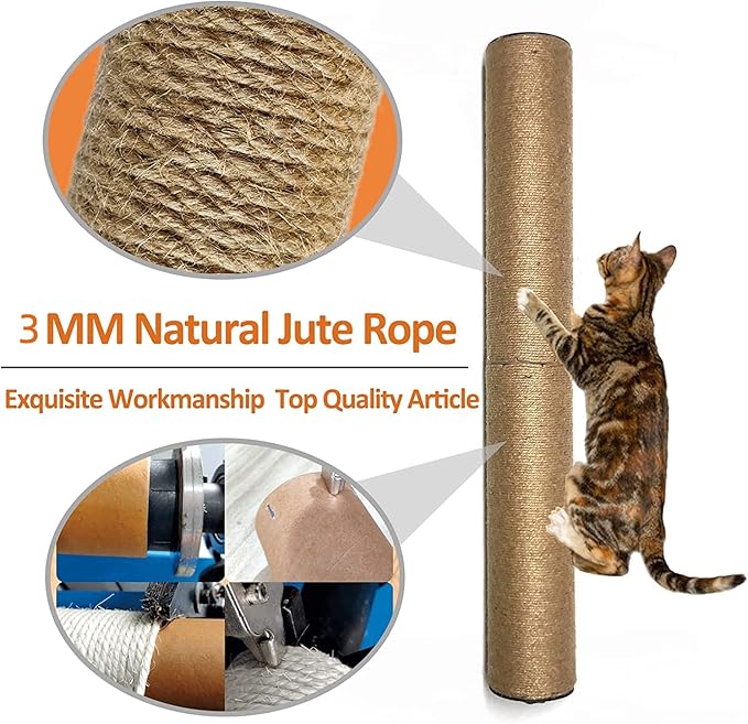 Cat Scratching Post Wall Mounted, 24 inch Tall 3.5 inch Diameter Cat Tree Scratch Post, Hemp Rope Scratcher Posts for Indoor Kittens and Large Cats with Screws