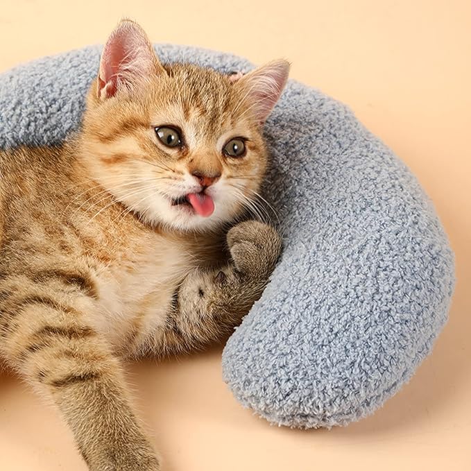 Cat Pillows for Indoor Cats, Soft Fluffy Dog Calming Pillow, Little Dog Pillows, U Shaped Half Donut Cuddler with Cute Embroidery, Washable Neck Protector Pillows for Small Dogs and Cats (blue)