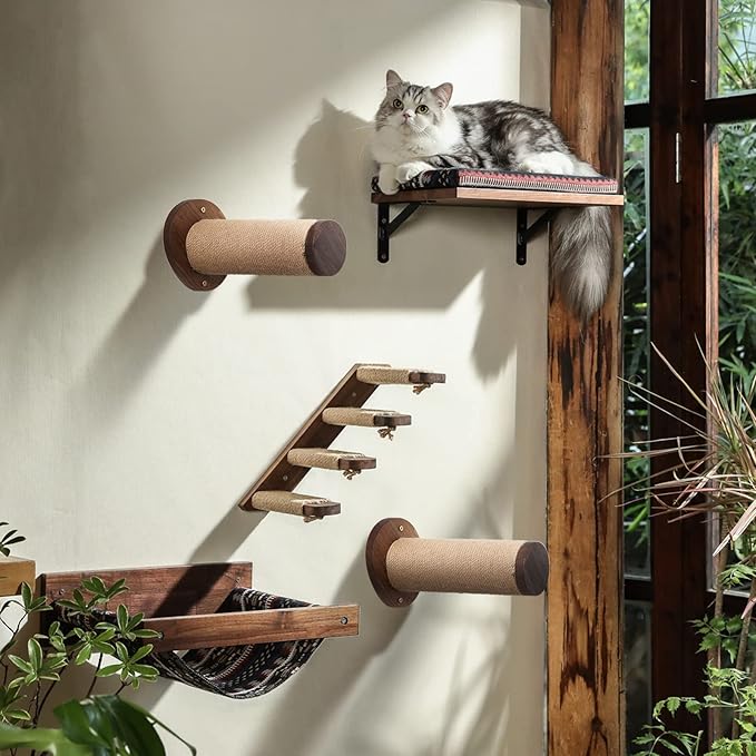 FUKUMARU Cat Wall Furniture, 11.8 Inch Cat Wall Shelves for Drywall, Walnut Wood Cat Stairs for Wall Mounted with Jute Scratching Cat Steps for Most Kitten, Medium and Large Cats, 2 of Pack