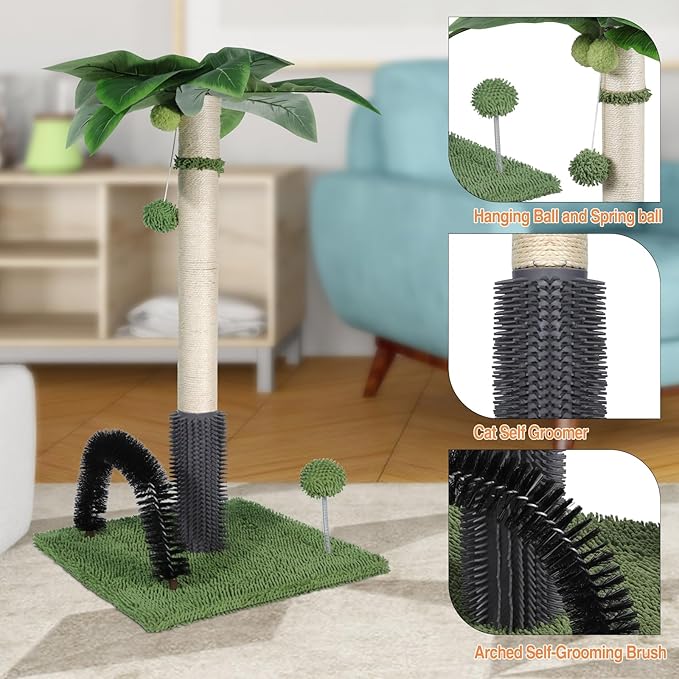 Topmart 29.5” Tall Cat Scratching Post for Large Indoor Cats, Sisal Scratching Post with Self Groomer and 2 Dangling Balls,Green